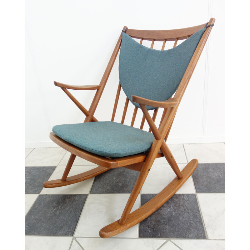 Vintage rocking chair by Frank Reenskaug for Bramin in blue fabric and teak