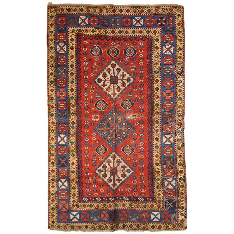 Tapis vintage artisanal Kazak Caucase tons rouge bleu et jaune