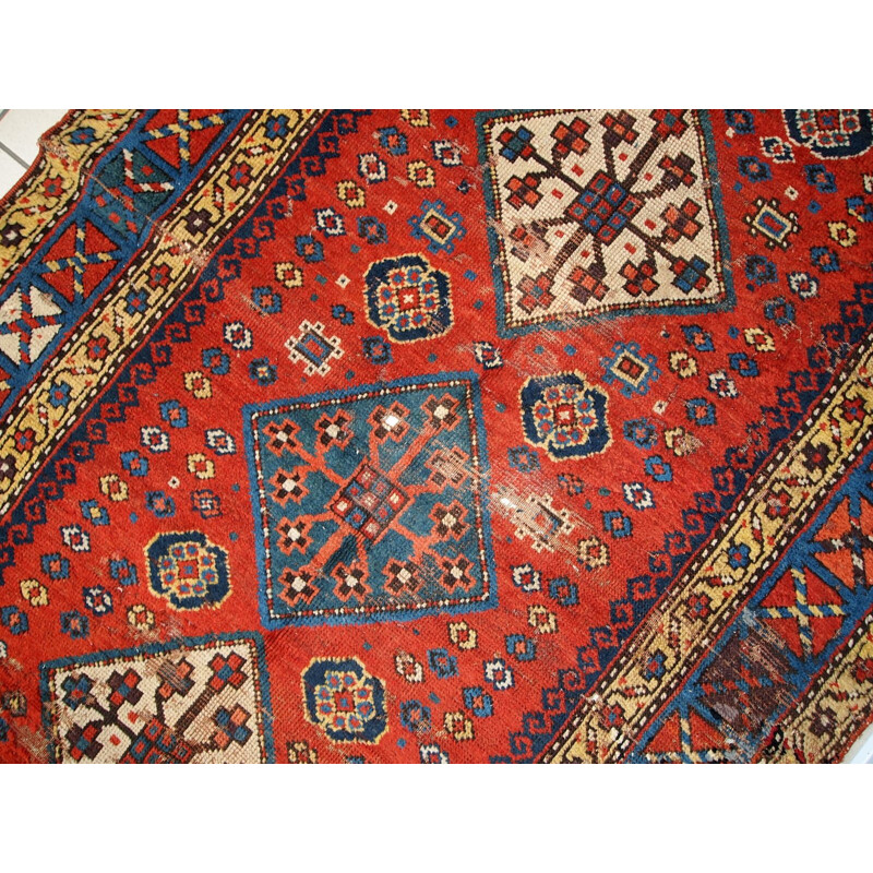 Vintage handmade russian Kazak rug red blue and yellow tones