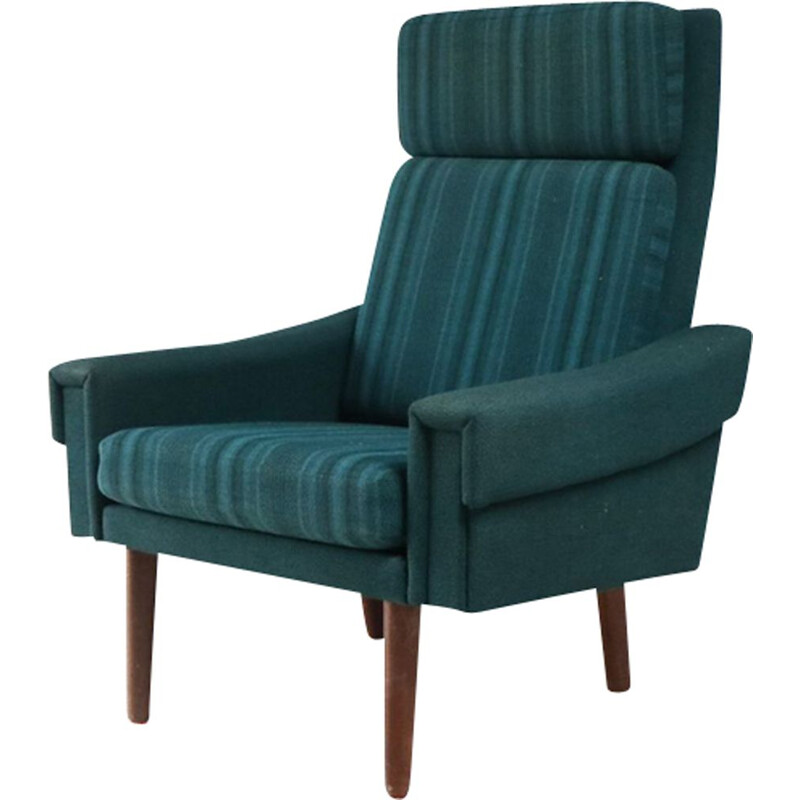 Fauteuil vintage vert en laine et teck avec dossier haut 1970