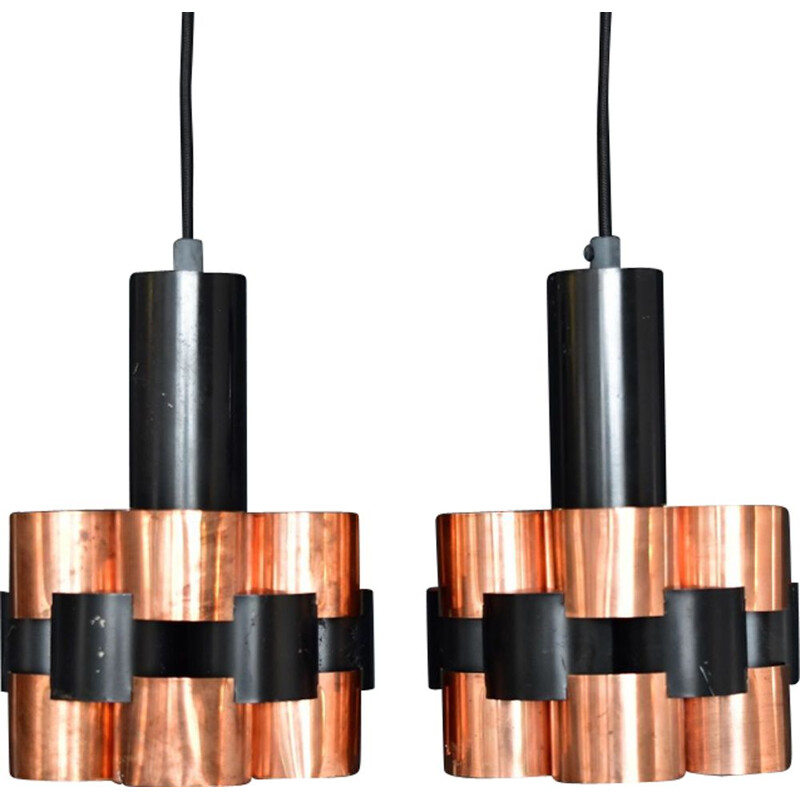 Set of 2 vintage Coronell Electro Denmark pendant lamps in brass and copper