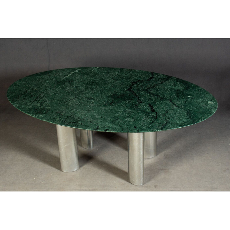 Table vintage avec plateau en marbre vert et pieds en métal chromés