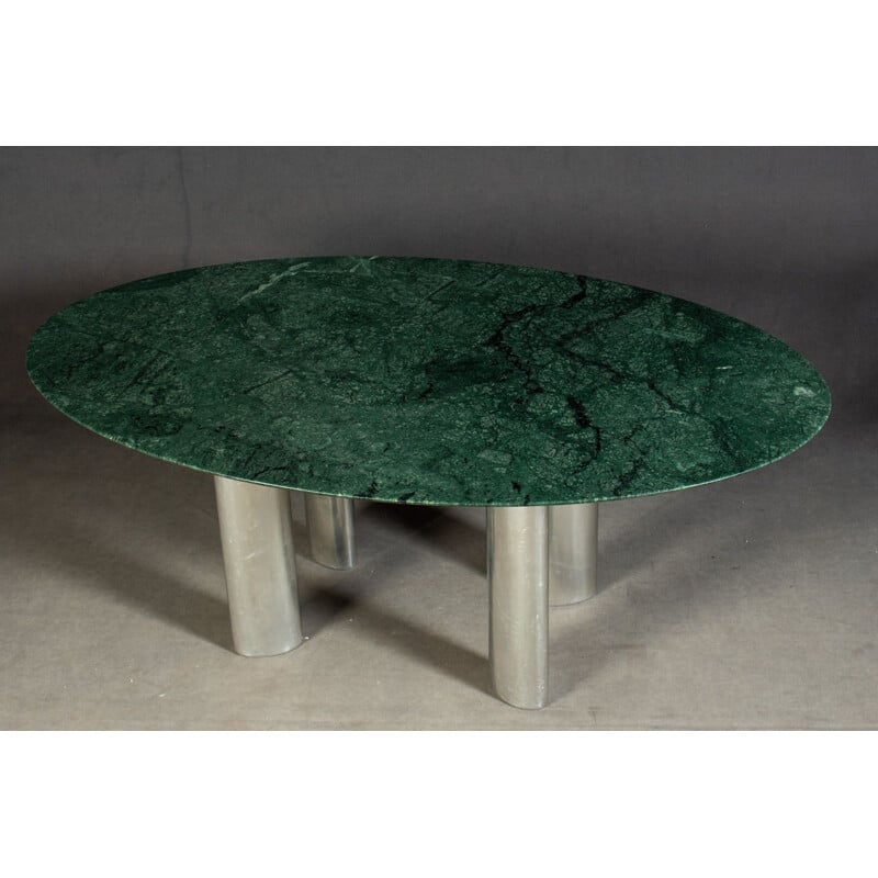 Vintage dining table with green marble top and chromed metal legs