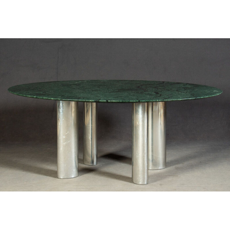 Table vintage avec plateau en marbre vert et pieds en métal chromés