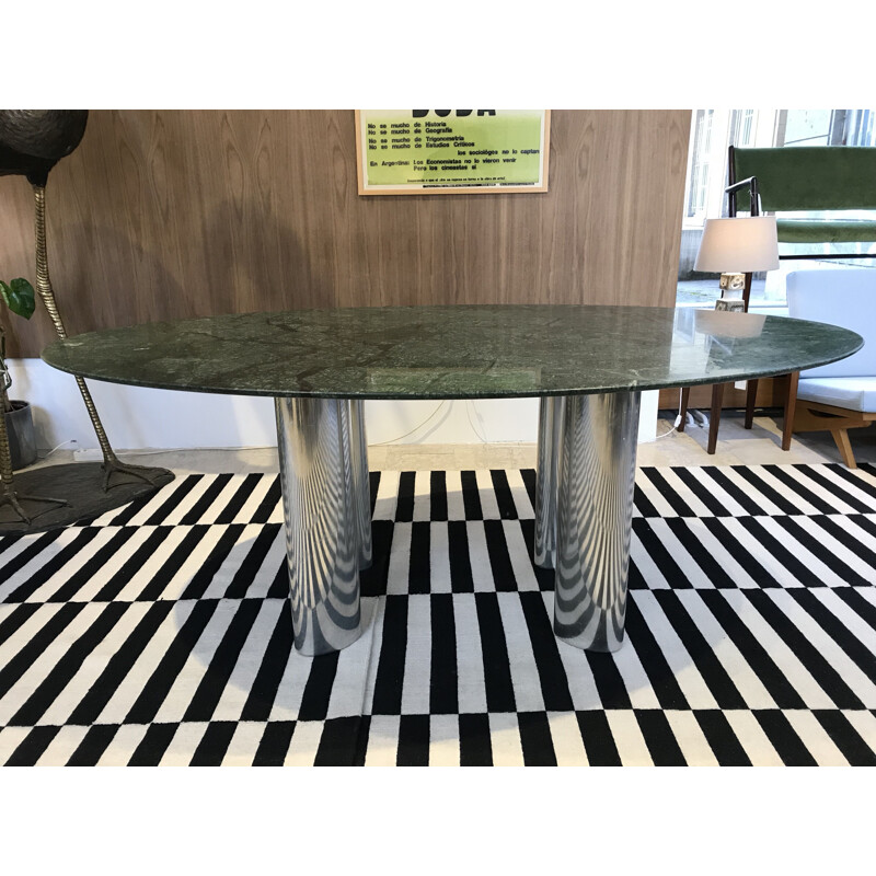 Vintage dining table with green marble top and chromed metal legs