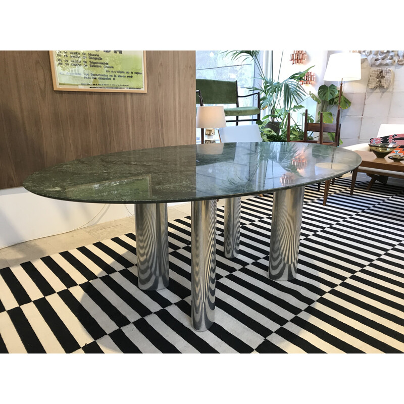 Vintage dining table with green marble top and chromed metal legs