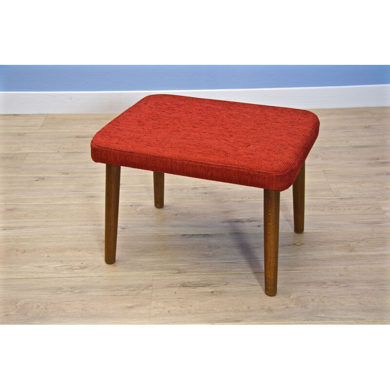 Vintage red danish footstool in teak and fabric