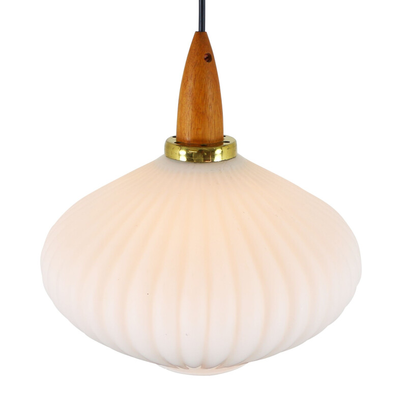 Vintage hanging lamp with frosted glass and wood