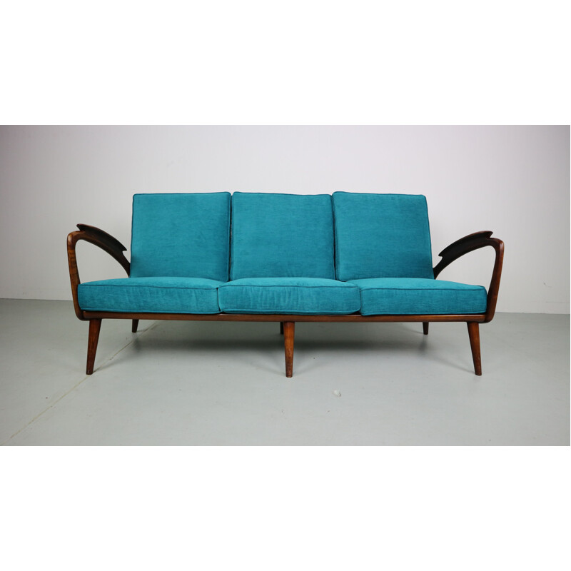 Vintage blue 3-seater sofa in walnut by De Ster Gelderland