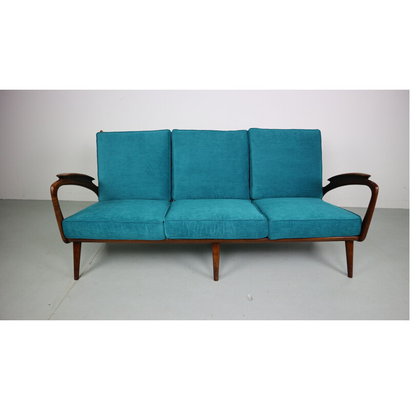 Vintage blue 3-seater sofa in walnut by De Ster Gelderland