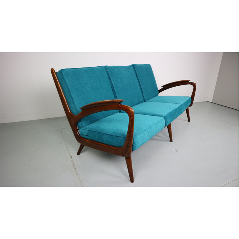 Vintage blue 3-seater sofa in walnut by De Ster Gelderland