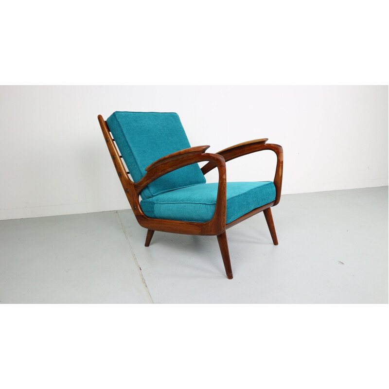 Vintage Dutch blue armchair in solid walnut by De Ster Gelderland