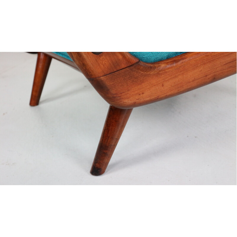 Vintage Dutch blue armchair in solid walnut by De Ster Gelderland