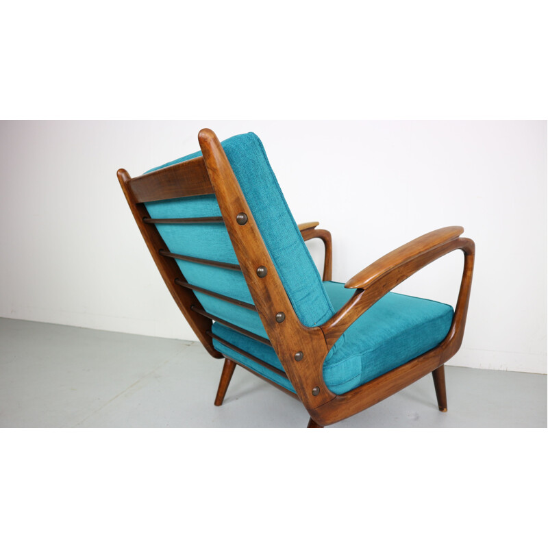 Vintage Dutch blue armchair in solid walnut by De Ster Gelderland