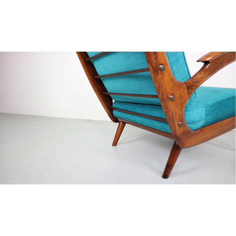 Vintage Dutch blue armchair in solid walnut by De Ster Gelderland