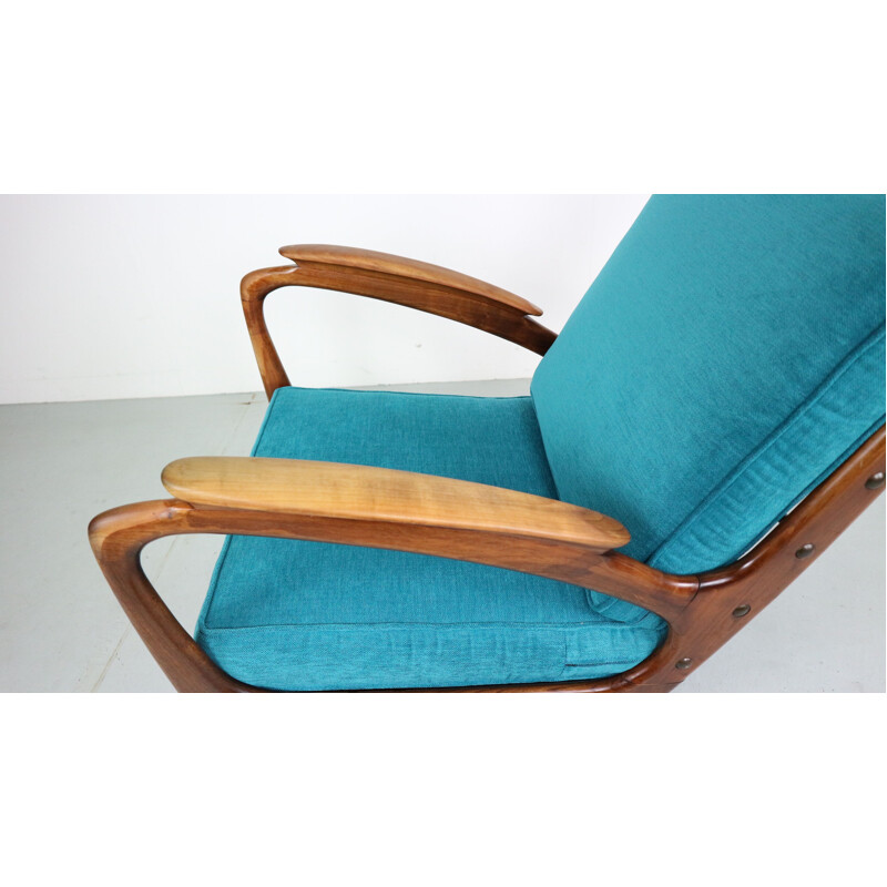 Vintage Dutch blue armchair in solid walnut by De Ster Gelderland