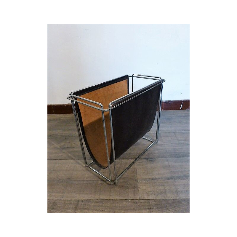 Vintage French magazine rack in leather by Max Sauze