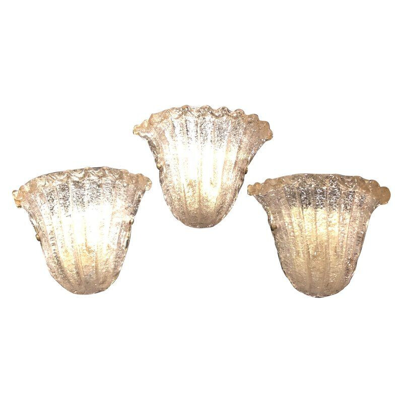 Set of 3 vintage Italian wall lamps in brass and Murano glass