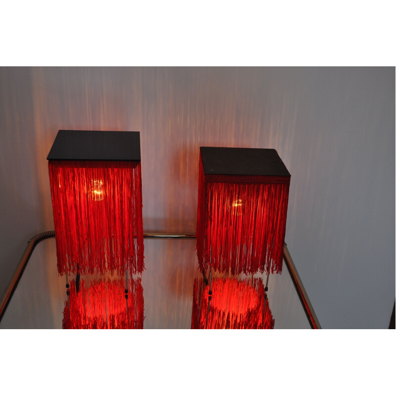 Pair of vintage red lamps with fringe Hans-Agne Jakobsson style 1980