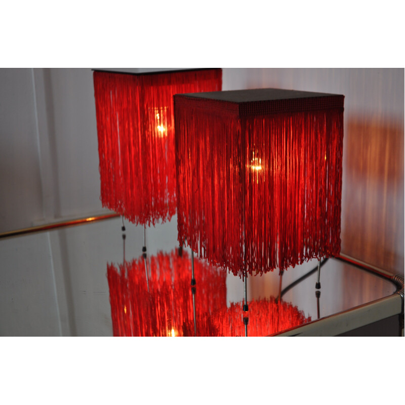 Pair of vintage red lamps with fringe Hans-Agne Jakobsson style 1980