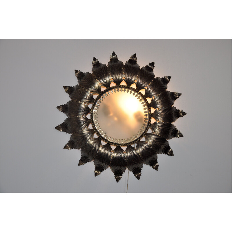 Vintage sun wall lamp in silver metal 1970