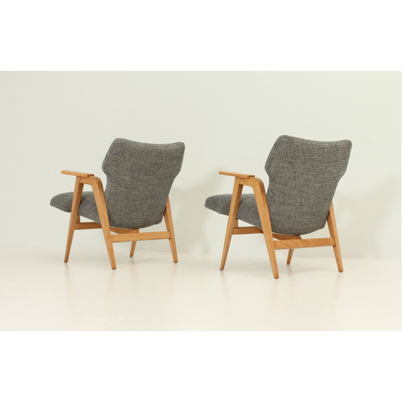 Pair of vintage Roger Landault armchairs in benchwood and grey fabric 1950