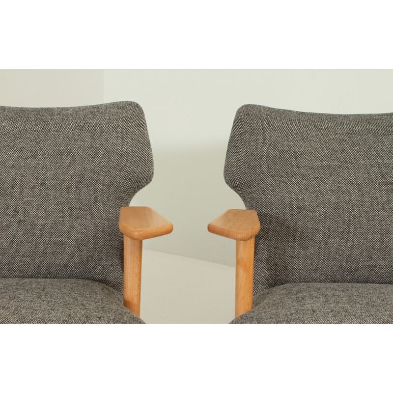 Pair of vintage Roger Landault armchairs in benchwood and grey fabric 1950