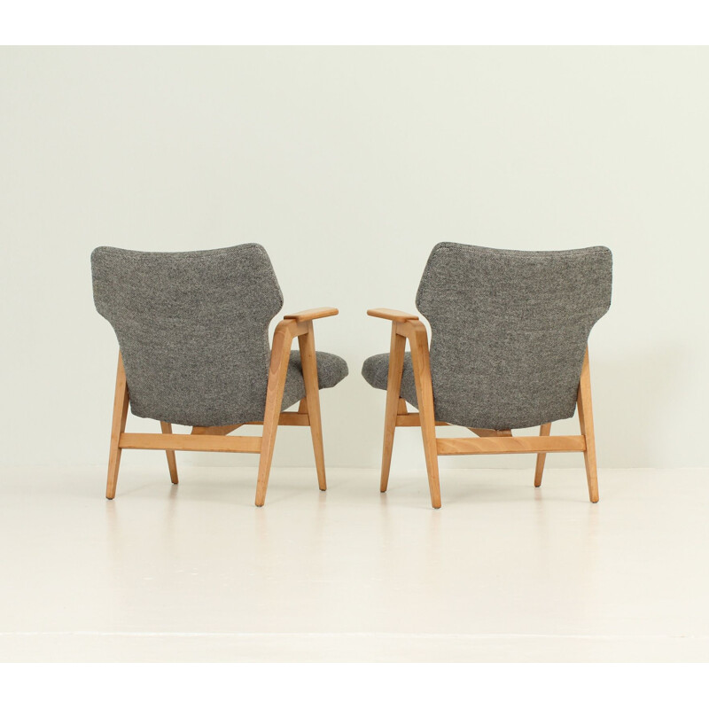 Pair of vintage Roger Landault armchairs in benchwood and grey fabric 1950