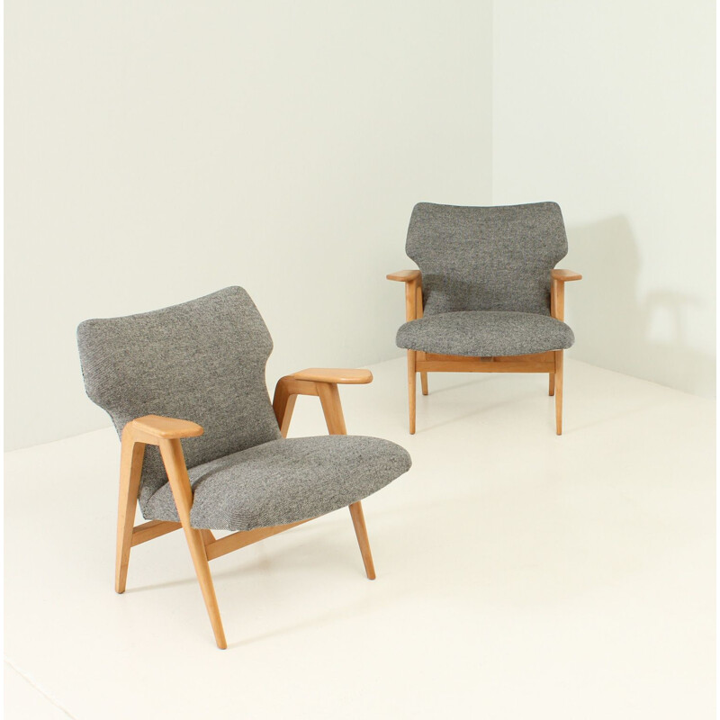 Pair of vintage Roger Landault armchairs in benchwood and grey fabric 1950