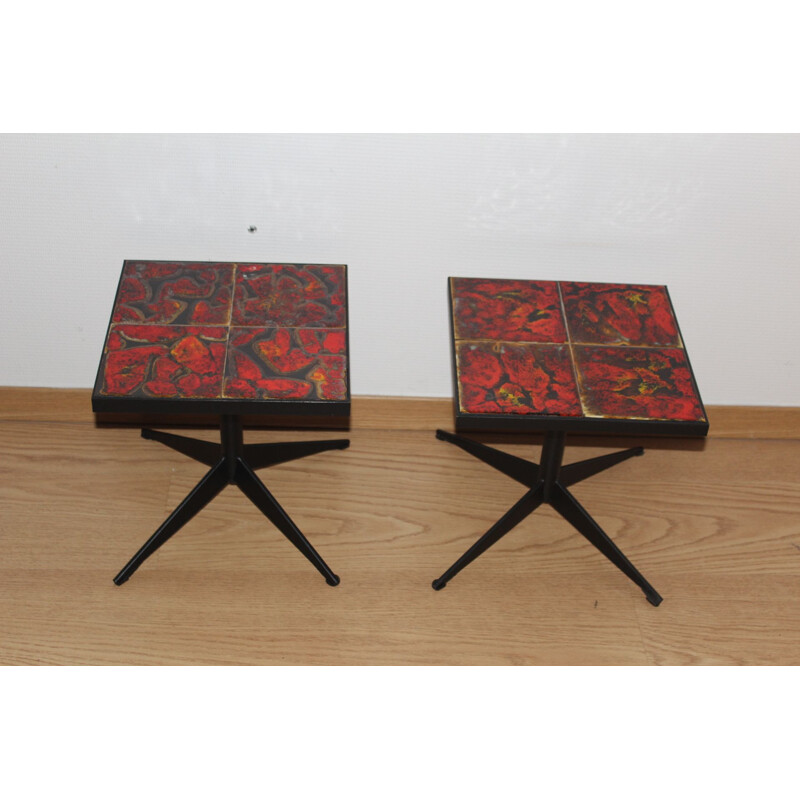 Pair of vintage ceramic and metal tables from the Vallauris wheel, 1960