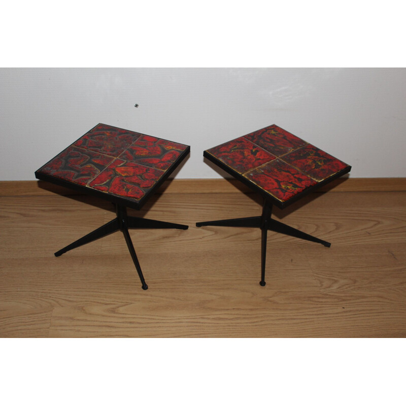 Pair of vintage ceramic and metal tables from the Vallauris wheel, 1960