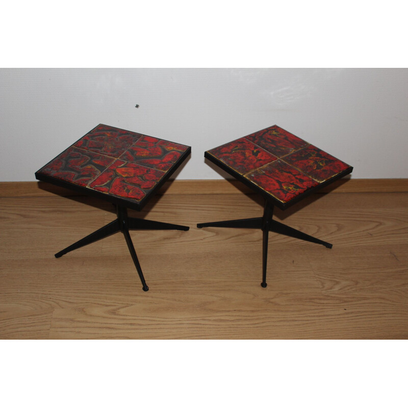 Pair of vintage la Roue de Vallauris tables in ceramic and metal