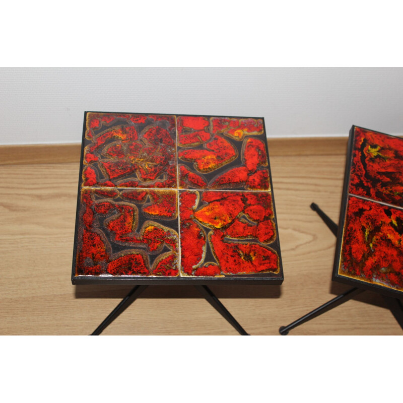 Pair of vintage ceramic and metal tables from the Vallauris wheel, 1960