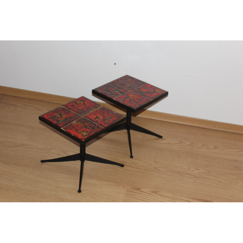 Pair of vintage ceramic and metal tables from the Vallauris wheel, 1960