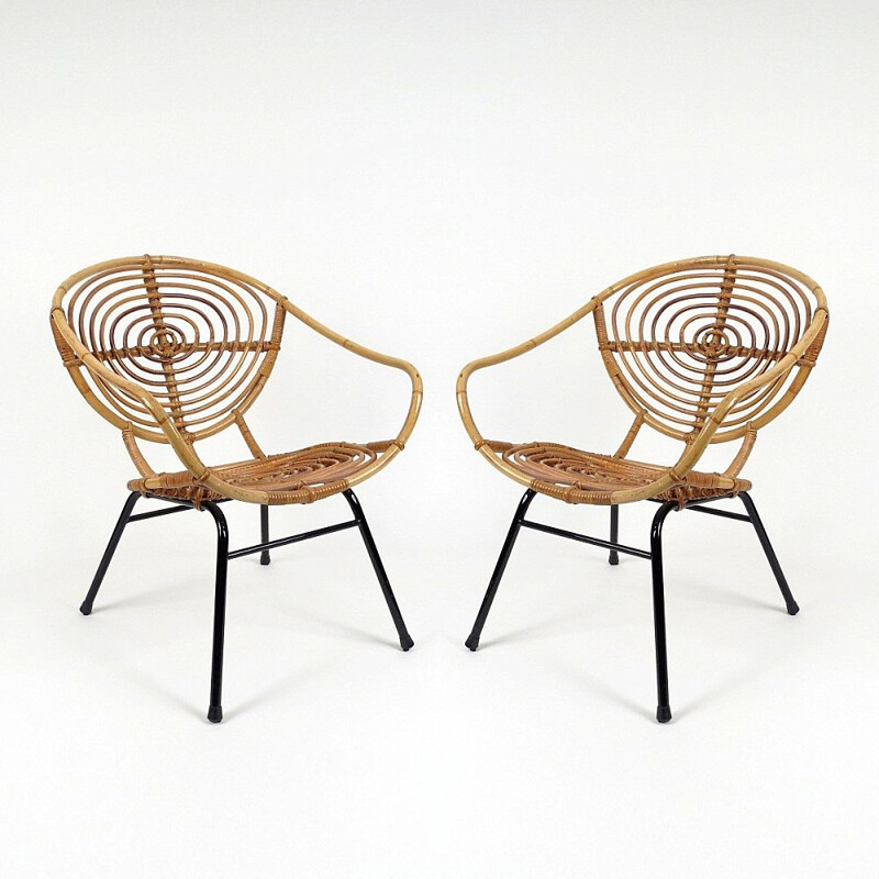 Set of 2 dutch rattan lounge chairs by Rohe Noordwolde