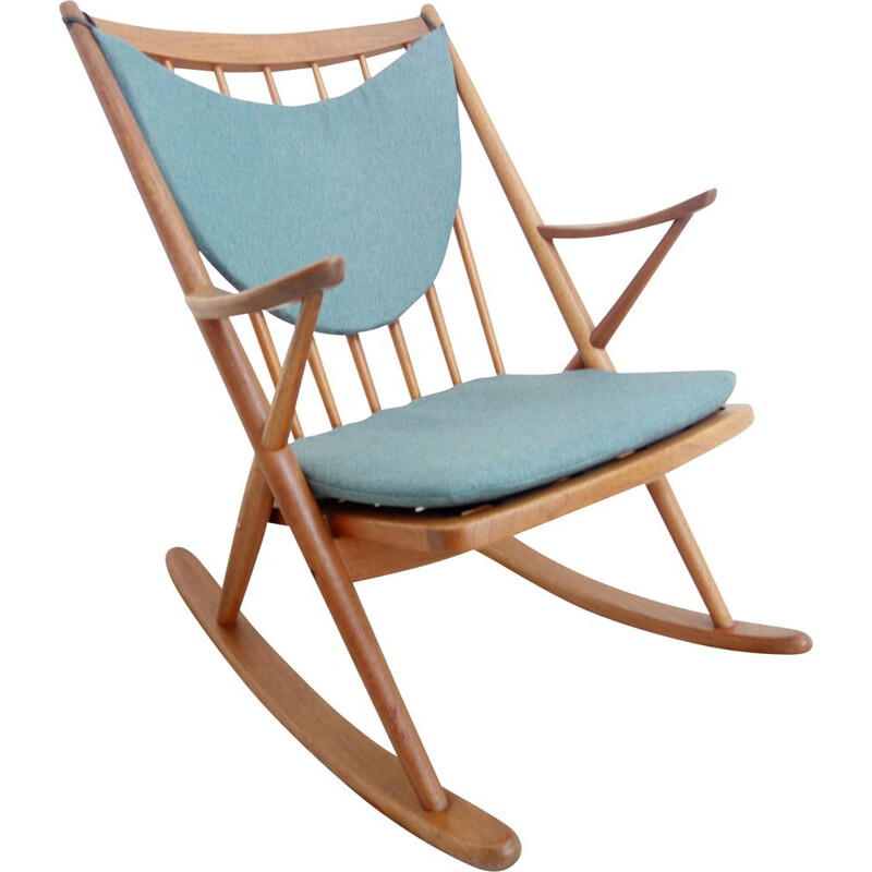 Vintage rocking chair by Frank Reenskaug for Bramin in blue fabric and teak