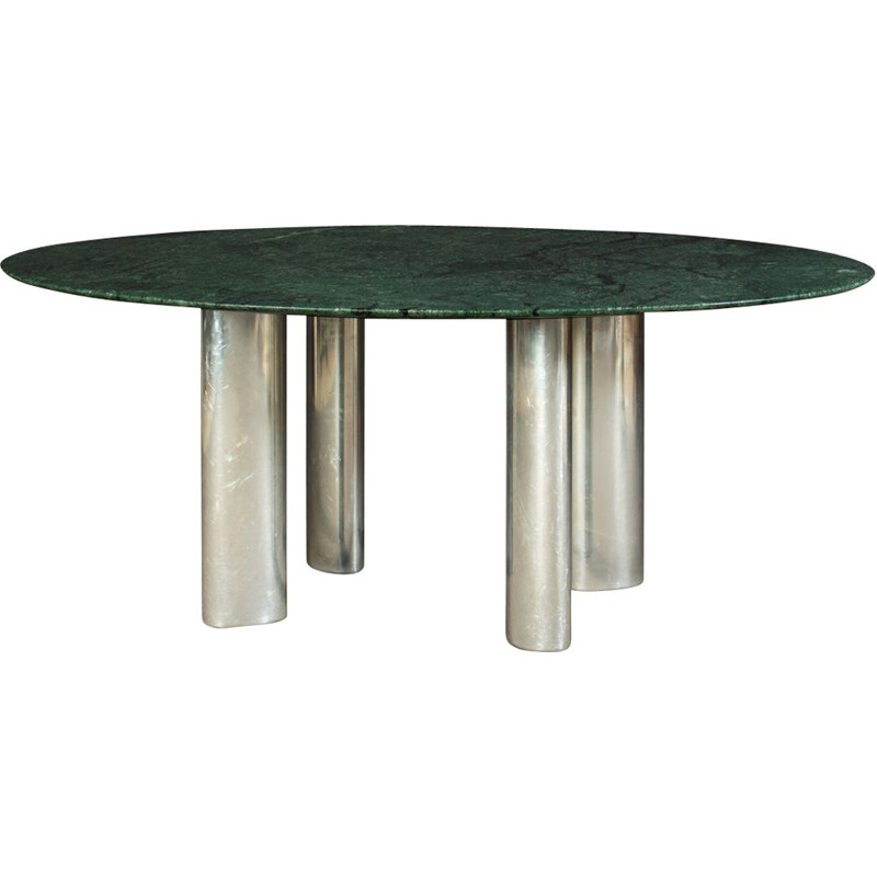 Vintage dining table with green marble top and chromed metal legs