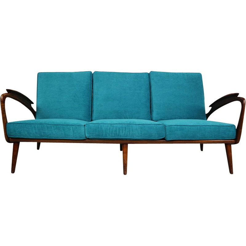 Vintage blue 3-seater sofa in walnut by De Ster Gelderland