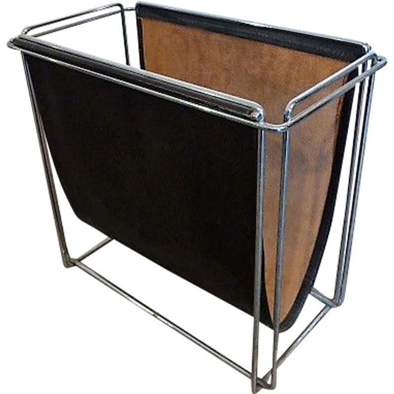 Vintage French magazine rack in leather by Max Sauze