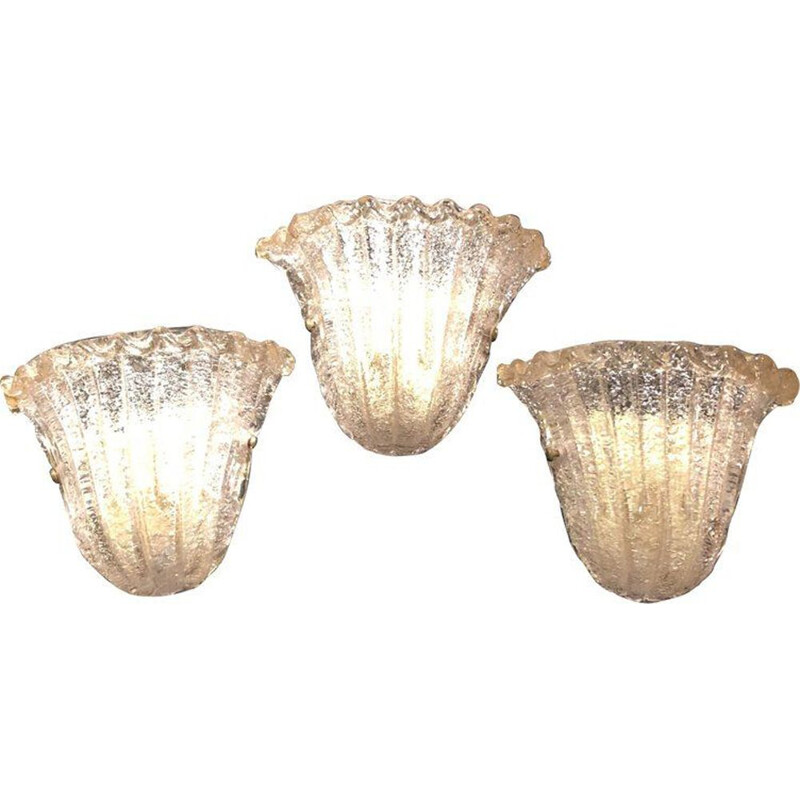 Set of 3 vintage Italian wall lamps in brass and Murano glass