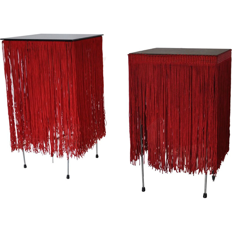 Pair of vintage red lamps with fringe Hans-Agne Jakobsson style 1980