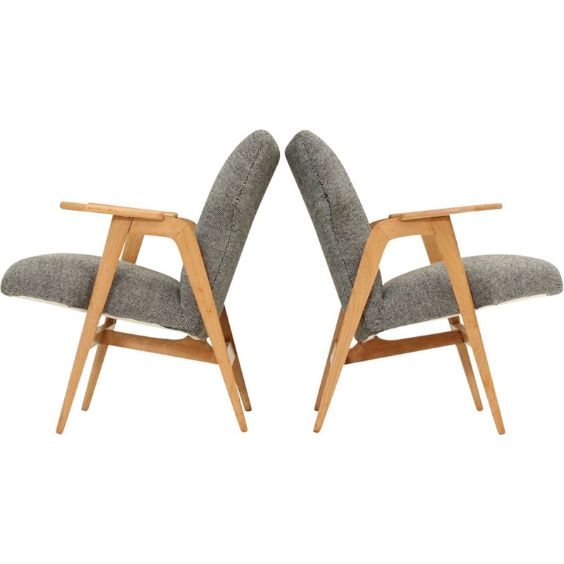 Paire de fauteuils vintage Roger Landault en tissu gris et hêtre 1950