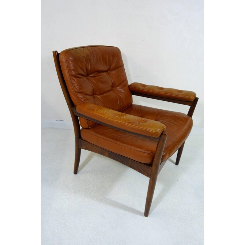 Set of 2 vintage Swedish armchairs in wood and leather by Gote Möbel