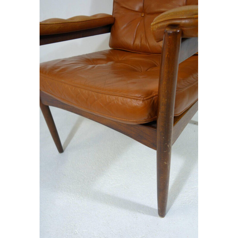 Set of 2 vintage Swedish armchairs in wood and leather by Gote Möbel