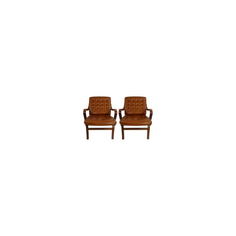 Set of 2 vintage Scandinavian armchairs in wood and leather by Göte Möbel