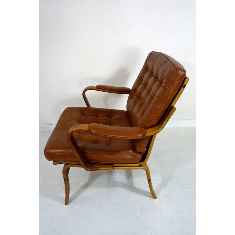 Set of 2 vintage Scandinavian armchairs in wood and leather by Göte Möbel