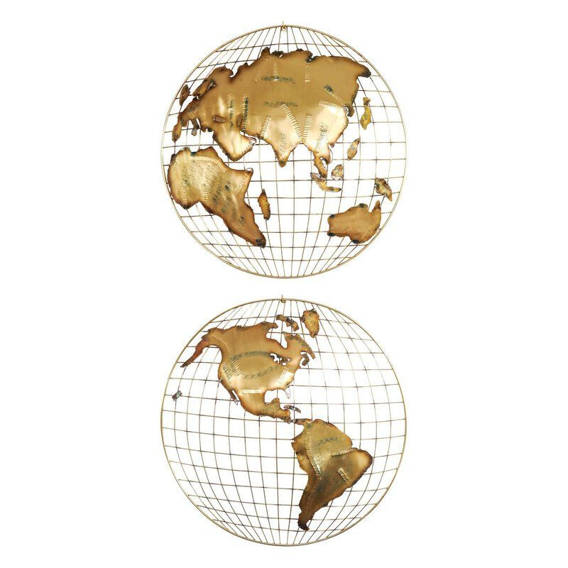 Pair of vintage brass "the world" wall sculptures by Curtis Jeré, 1970