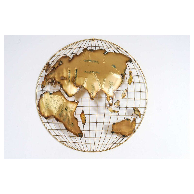 Pair of vintage brass "the world" wall sculptures by Curtis Jeré, 1970