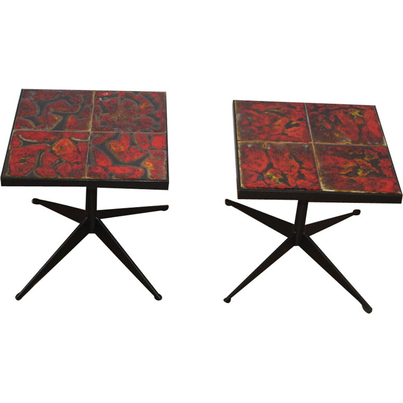 Pair of vintage ceramic and metal tables from the Vallauris wheel, 1960