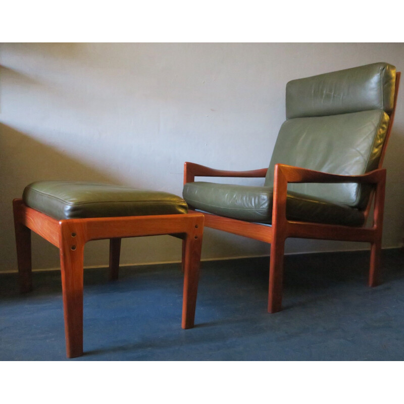 Vintage Niels Eilersen lounge chair and ottoman in solid teak and leather